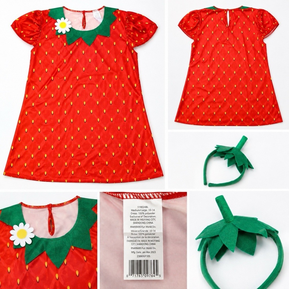 Fun World Strawberry Costume Women M/L 10-14 Red Dress Headband Halloween
